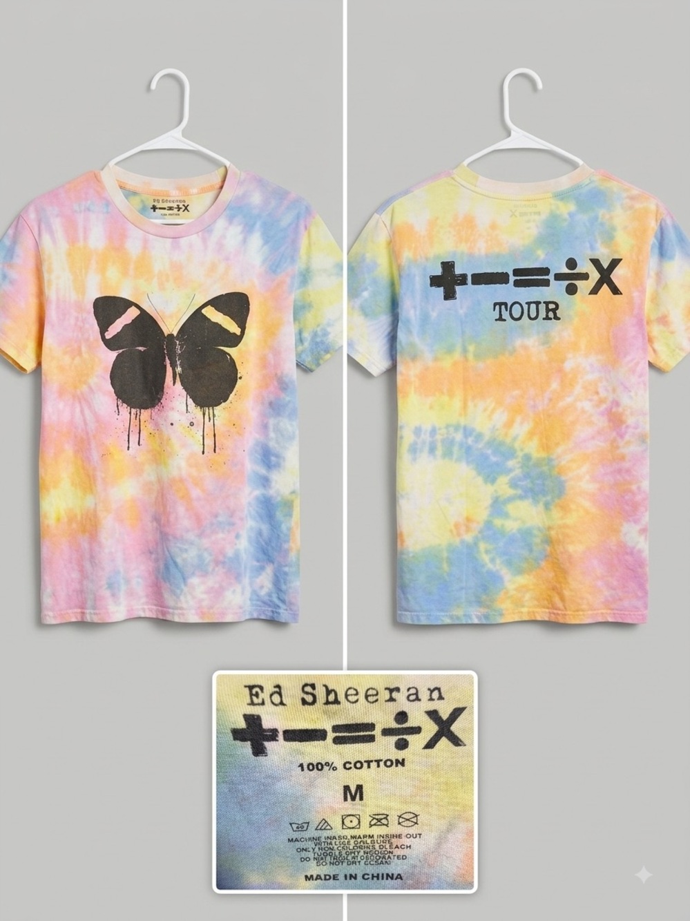 Official Ed Sheeran Mathematics Tour Pastel Tie-Dye Butterfly Tee Size M